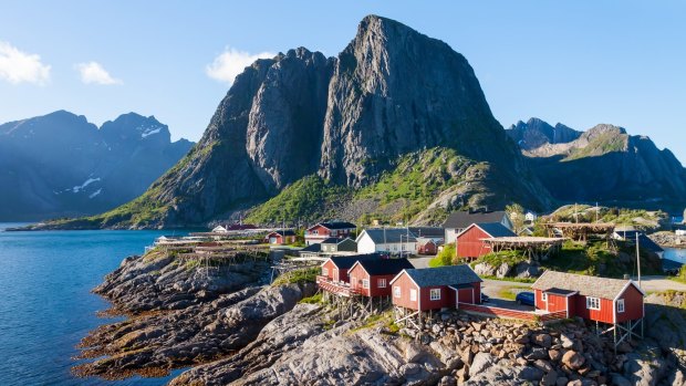 Scenic town of Reine by the fjord on Lofoten islands in Norway.