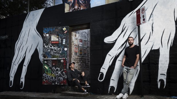 Jimmy Nice and Nick Lupi from hip-hop outfit Spit Syndicate outside the Lord Gladstone in Chippendale. 