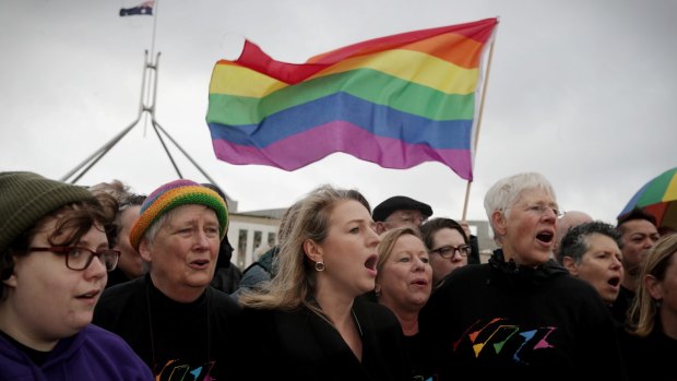 Same-sex marriage supporters outside Parliament House.