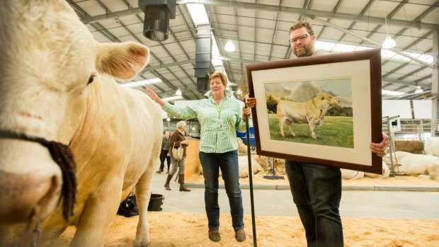 Australian pastoral: Livestock artist Jason Roberts with grazier Ann-Marie Collins and a $1000 portrait of one of her bulls, pictured at Royal Melbourne Show's livestock pavilion.