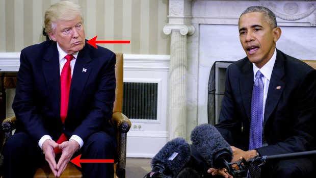 Indications of body language cues in the first meeting between Donald Trump and Barack Obama.