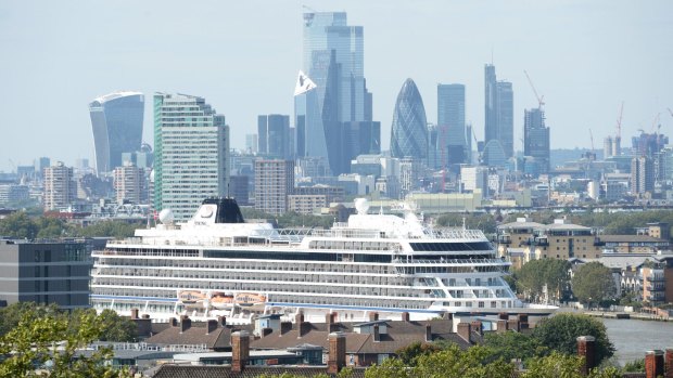 The Viking Sun departs from Greenwich Pier in London on its epic, record-breaking journey.