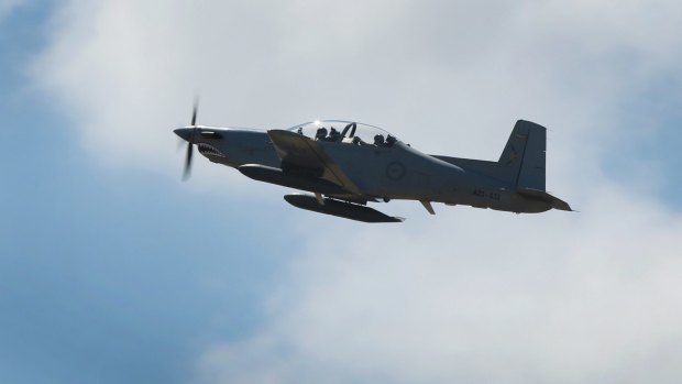 A No 4 Squadron PC-9 takes off from a RAAF base.