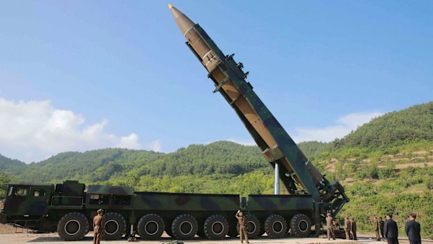 A file photo of what North Korea says was the launch of a Hwasong-14 intercontinental ballistic missile in early July.