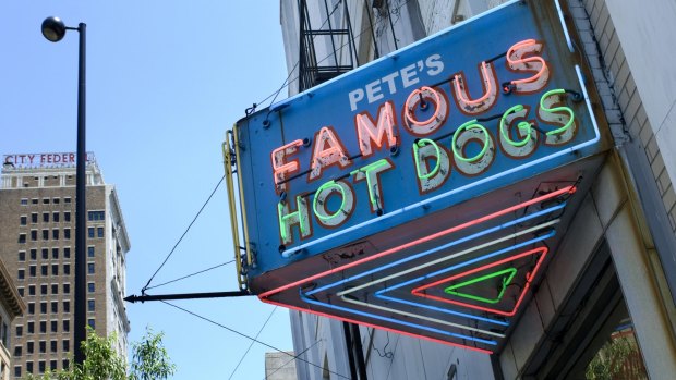 The iconic Pete's Famous Hot Dogs sign.