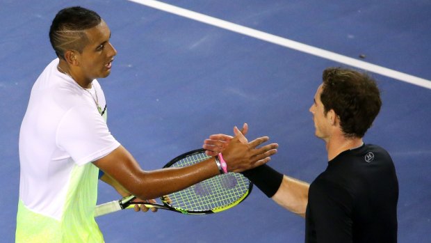 Well done: Nick Kyrgios and Andy Murray shake hands after the match.