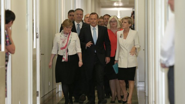 A sense of deja vu: Prime Minister Tony Abbott arrives for the party room meeting ahead of the spill motion on Monday.