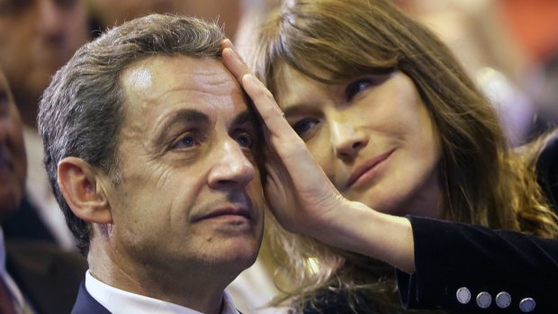 Carla Bruni-Sarkozy, right, with former French president Nicolas Sarkozy at a campaign meeting in Marseille last month.