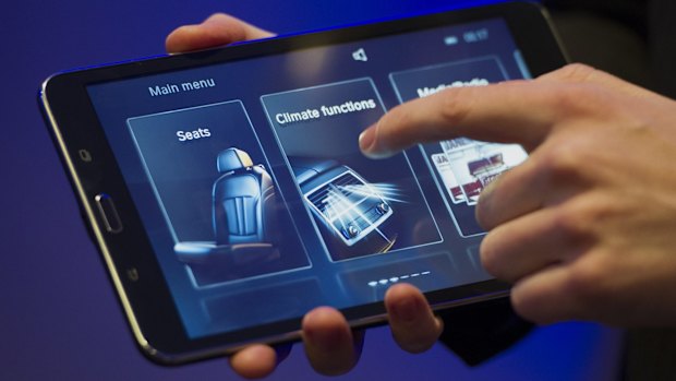 BMW shows off its suite of climate, entertainment and car functionality controls on a Samsung tablet.
