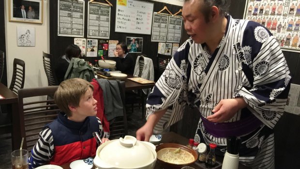 Jack with ex-professional wrestler Sagami-San, who explains the niceties of shabu shabu (hot pot) at his sumo restaurant in Matsumoto.