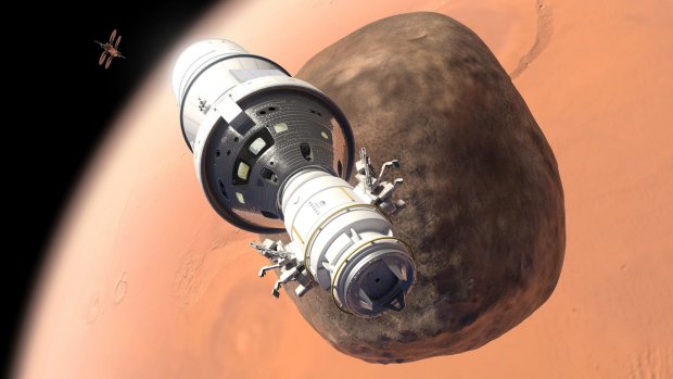 Using Orion attached to an excursion module, astronauts could go to the moons of Mars.