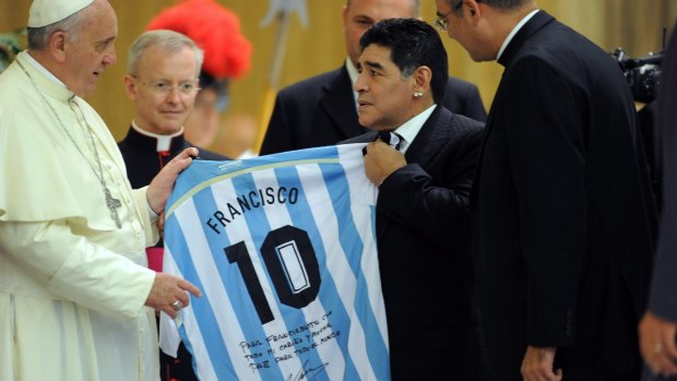 Countrymen: Pope Francis meets Argentine great Diego Maradona.