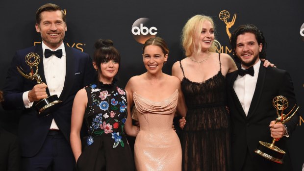 <i>Game of Thrones</i> cast members at the 2016 Emmys (from left) Nikolaj Coster-Waldau, Maisie Williams, Emilia Clarke, Sophie Turner and Kit Harington.
