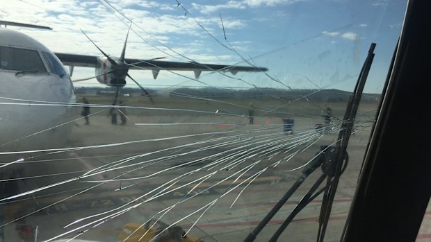 A view from the interior of the "push truck" with the cracked windscreen.