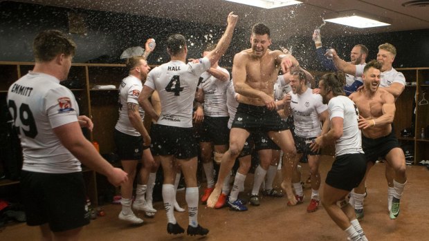 Toronto Wolfpack players celebrate after their 62-12 win over Oxford in May.