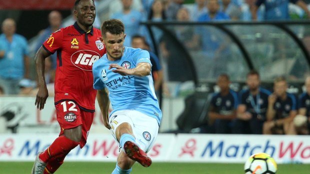Dario Vidosic scores his second goal against Adelaide to put Melbourne City 4-0 up.