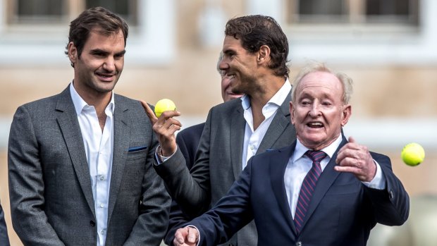 Roger Federer and Rafael Nadal share a joke at the Laver Cup welcome parade.