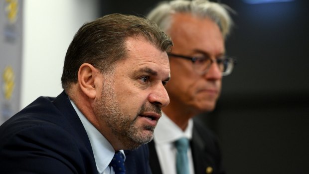 Ange Postecoglou and David Gallop address the media in Sydney on Wednesday.