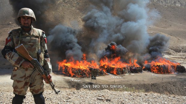 A Pakistani soldier stands guard in Quetta while piles of drugs, many trafficked from Afghanistan, are burned.