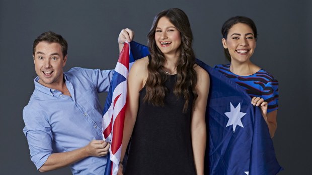 Australia's Junior Eurovision entrant Bella Paige (centre) with telecast hosts Toby Truslove and Ash London.