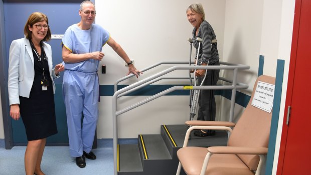 Professor Jaqueline Close, Professor Ian Harris and hip fracture patient Rhonda Wilson at Prince of Wales Hospital. 