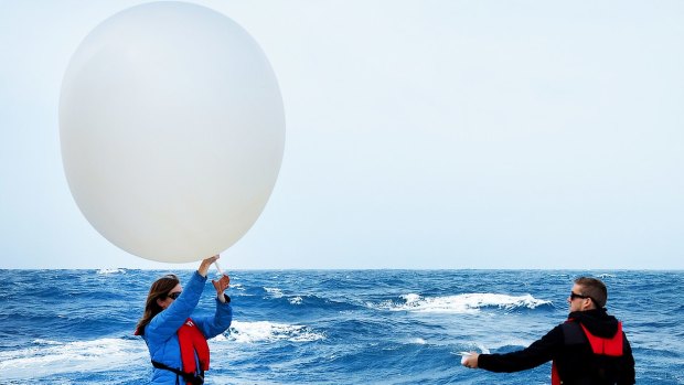 No thought bubble: Deploying weather balloons from RV Investigator.  