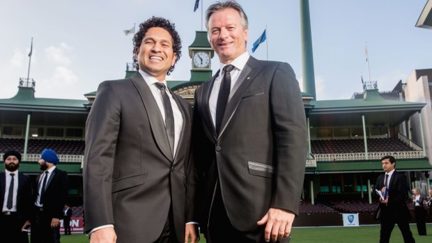 Two of the greats: Sachin Tendulkar and Steve Waugh at the Bradman Foundation dinner on Wednesday night.