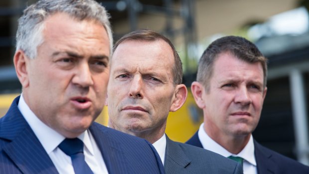 Treasurer Joe Hockey, Prime Minister Tony Abbott and NSW Premier Mike Baird. 