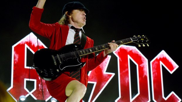 Angus Young of AC/DC performs onstage during the 2015 Coachella Valley Music & Arts Festival at the Empire Polo Club.