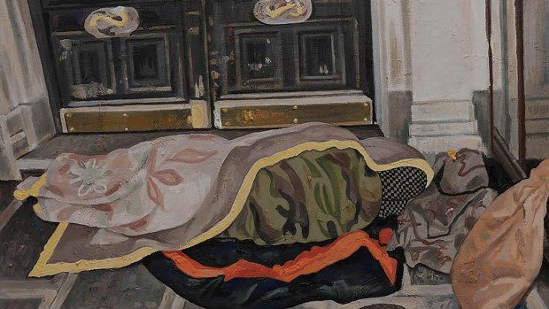  Steve Lopes, Sleeping Syrian – Paris (2018), oil on board 50x70cm.