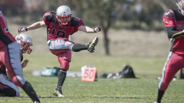 Queanbeyan Kangaroos rugby league player Jordan Macey kicks for the Gungahlin Wildcats.