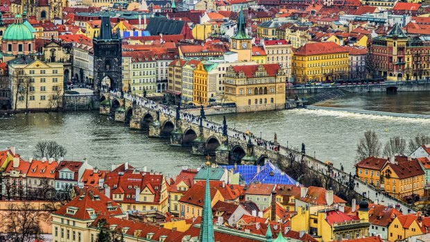 Charles Bridge over the Vltava River.