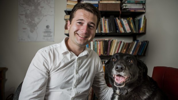 Senate candidate Steven Bailey with his female dog Bruce. 