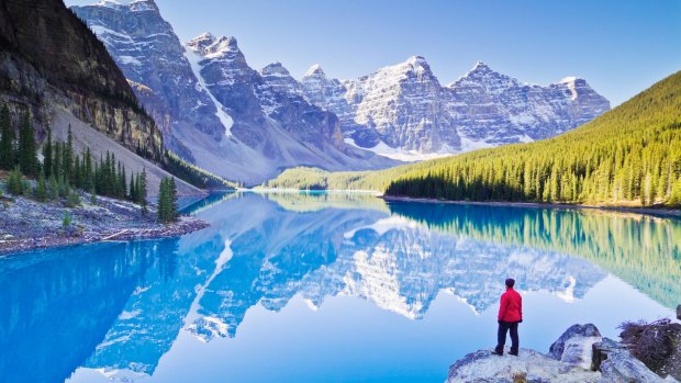 Valley of the Ten Peaks and glacial Moraine Lake Banff National Park Canada.
