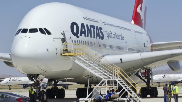 One of the Qantas A380s after arriving in Victorville in July.