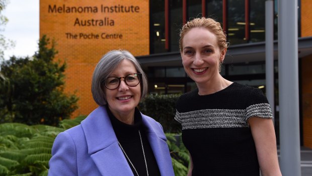 Professor Georgina Long, right, with clinical trial participant Renae Aslanis outside the Melanoma Institute Australia's offices in Sydney.