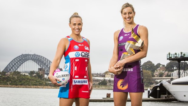 Eyes on the prize: Captains Kim Green of the NSW Swifts and Laura Geitz of the Queensland Firebirds.  