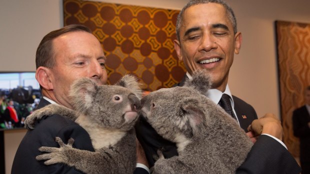 Then-prime minister Tony Abbott and US President Barack Obama cuddled koalas at the G20 in Brisbane.