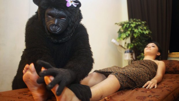 A 'Gorilla Massage' session at the Bali Heritage Reflexology and Spa in Indonesia.