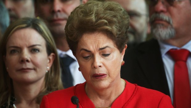 Impeached: Dilma Rousseff delivers her farewell address next to parliamentarian Gleisi Hoffman, sister of model Gisele Bundchen.
