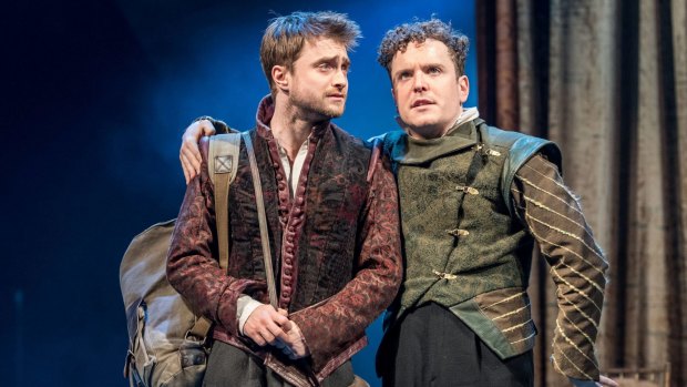 Daniel Radcliffe, left, and Joshua McGuire make a tolerable pairing in the Old Vic production of <i>Rosencrantz and Guildenstern Are Dead</I>.