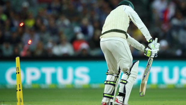 Seeing daylight: Nic Maddinson is dismissed by Kagiso Rabada of South Africa in the day-night Test.