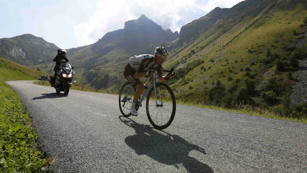 AG2R La Mondiale rider Romain Bardet of France speeds down the alps during the break away in the 186.5-km 18th stage of the Tour de France.