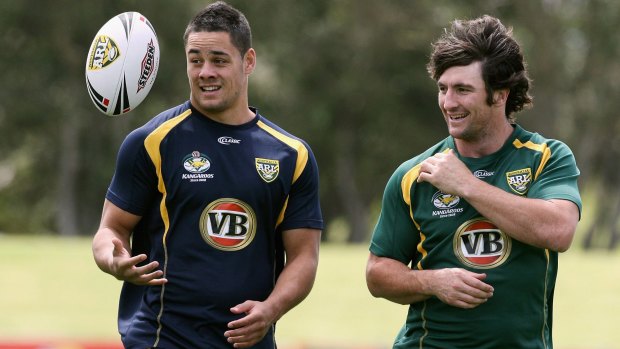 Former club, state and national teammates: Jarryd Hayne and Nathan Hindmarsh during a Kangaroos training session in 2009.