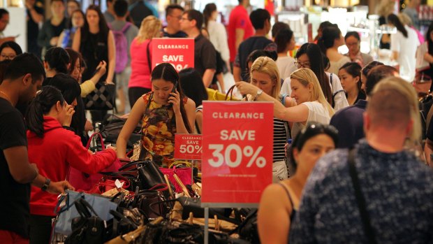 Crowds build at David Jones in Sydney CBD on Boxing Day.