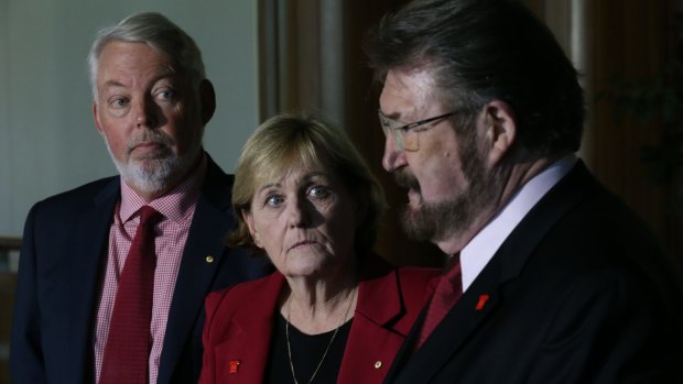 Senator Derryn Hinch with Bruce and Denise Morcombe at Parliament House.