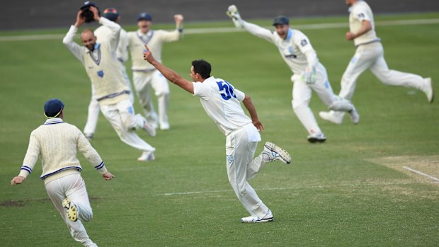 Mitchell Starc and his NSW teammates after the left-armer's second hat-trick for the match.