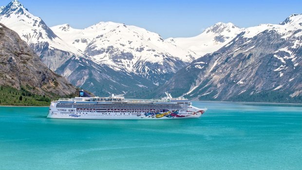 Mountain range and ocean waters in Glacier Bay National Park.