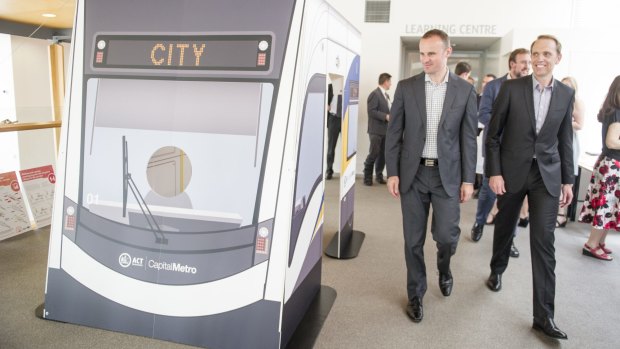 ACT Chief Minister Andrew Barr and Capital Metro Minister Simon Corbell at the May launch of consultation on the government's light rail design. 