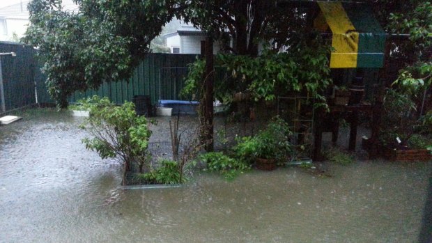 Flooding in Kathy Ran's Nundah yard, which she blames on a nearby unit development.